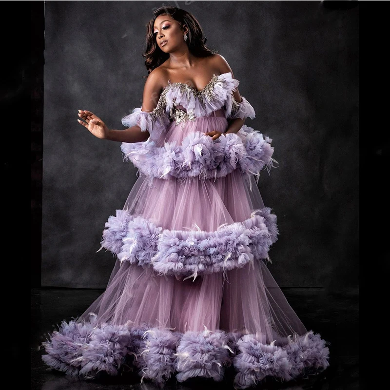 

Elegant Violet Tulle Evening Dresses Photo Shoot Long Floral Puffy Formal Dress Gowns Light Purple Feather Gorgeous Ruffle Lush