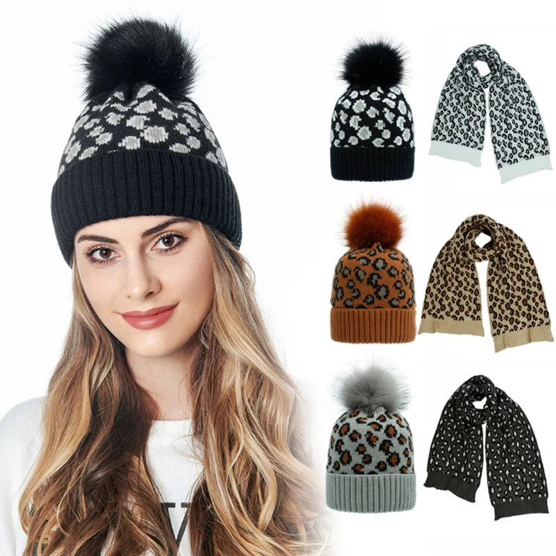 Шапка с леопардовым принтом и помпоном шапка шарф хлопковая вязаная зимняя