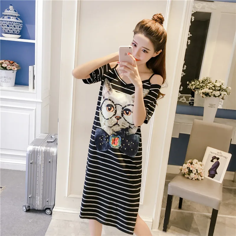 

Summer large women's off shoulder suspender dress female fat sister 200kg loose medium length short sleeve T-shirt skirt