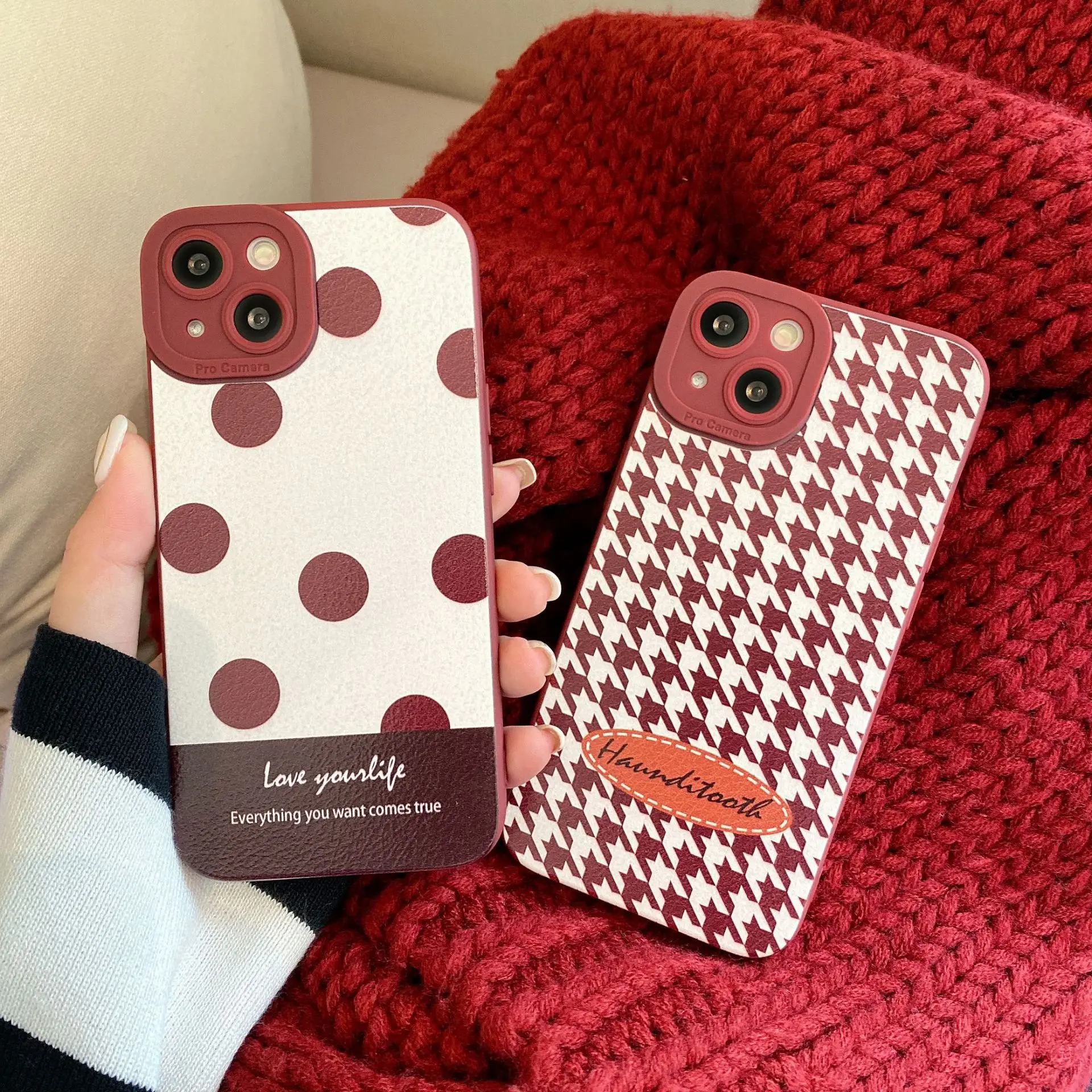 

New Year Burgundy Phone Case For iPhone 13 12 11 Pro XS Max X XR 7 8 Plus Polka Dot Houndstooth Shockproof Silicone Soft Cover