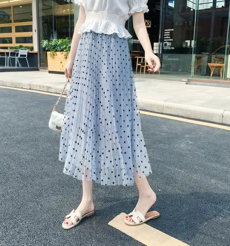 Женская фатиновая юбка в горошек TingYiLi гофрированные длинные юбки с высокой