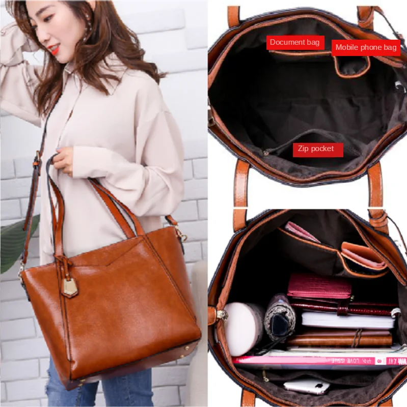 

Fashion Simple Tote Bags Litchi Grain PU Outermost Female Bag Joker Large Handbag Tide One Shoulder Inclined Across Packages
