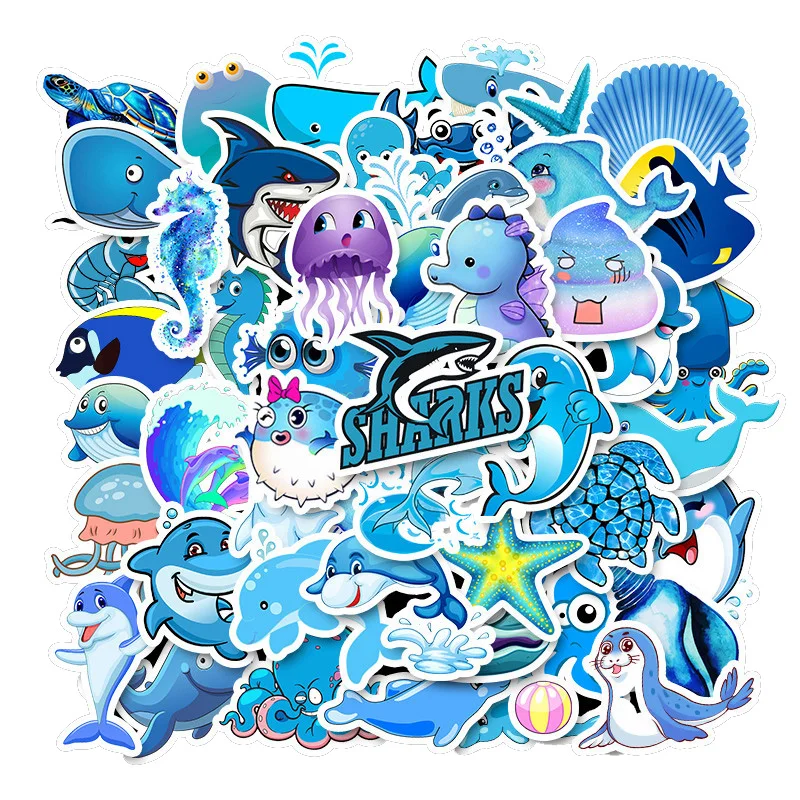 

10/49PCS/set Blue Ocean Cartoon Marine Animal FISH Doodle Stickers for Laptop TV Fridge Waterproof Bicycle Decal Toy for Kids
