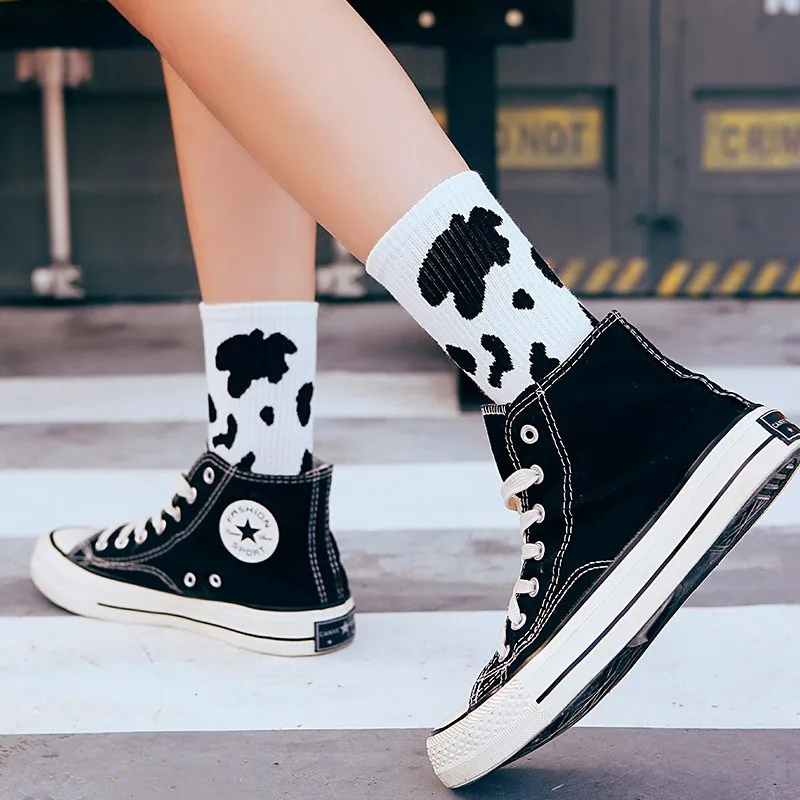 

New Arrivals Cow Printed Sock Lovely Harajuku Japanese Style Cotton Women Socks Striped Solid Breathable Casual Cartoon Socks
