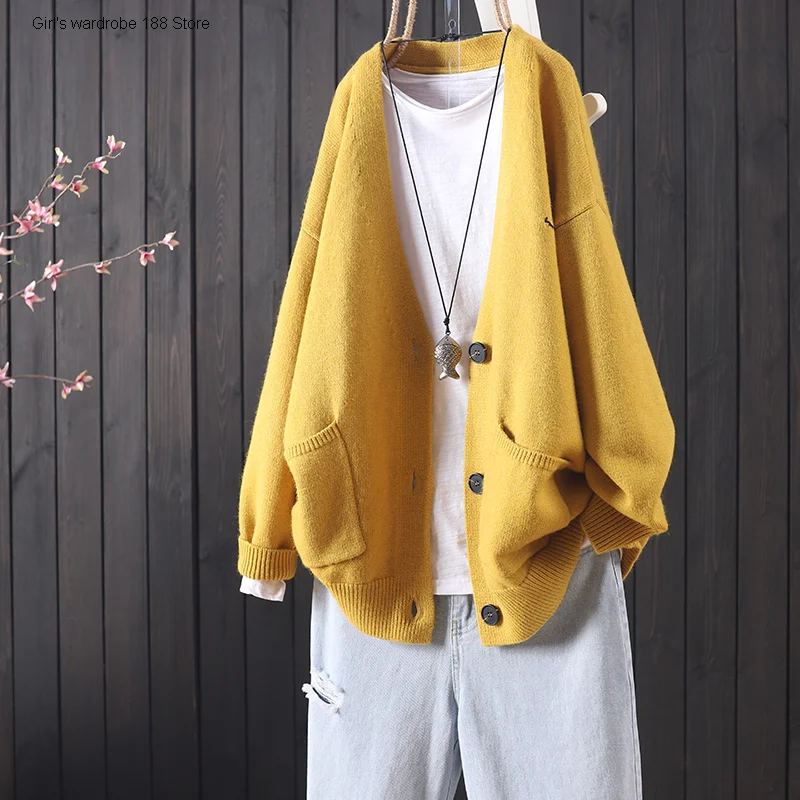 

New products in autumn and winter loose literature and art pure color embroidery knitted cardigan women's core spun yarn large