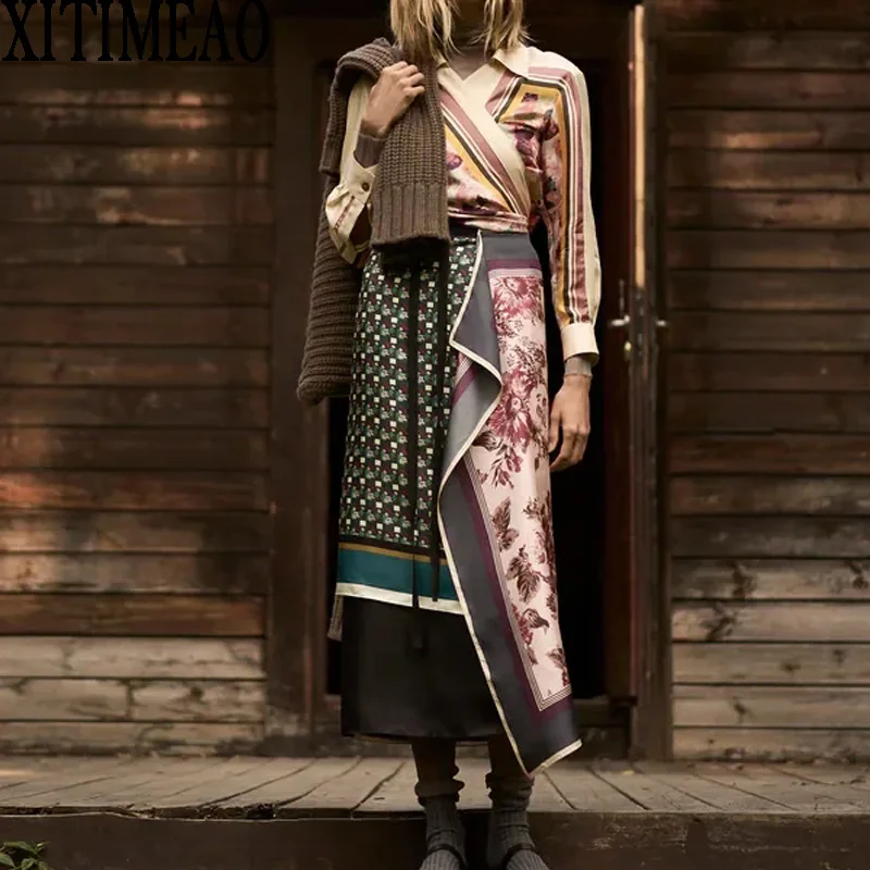 

Женская свободная рубашка с поясом Za, повседневная шикарная юбка в простом стиле с цветочным принтом, длинным рукавом и высокой талией в сти...