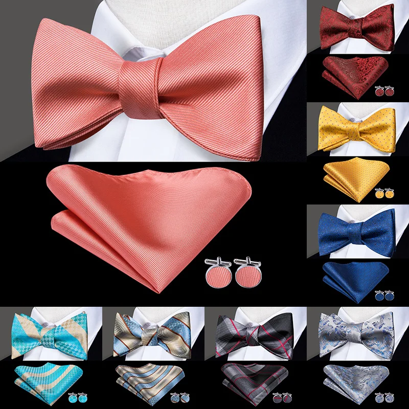 

Hi-Tie Silk Adult Men's Butterfly Self Bow Tie Classic Rose Pink Coral Bow ties for Men Wedding Hanky CUffinks Set Peach Bow tie