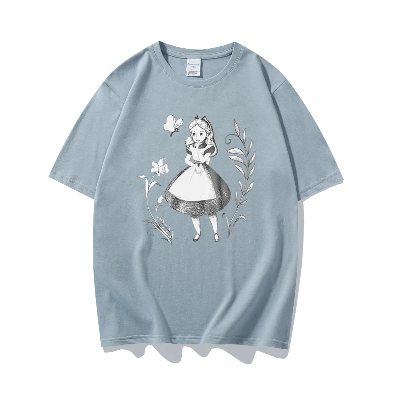 

Disney summer fashion Korean edition round neck top women hand painted Alice print loose slim cotton short-sleeved T-shirt