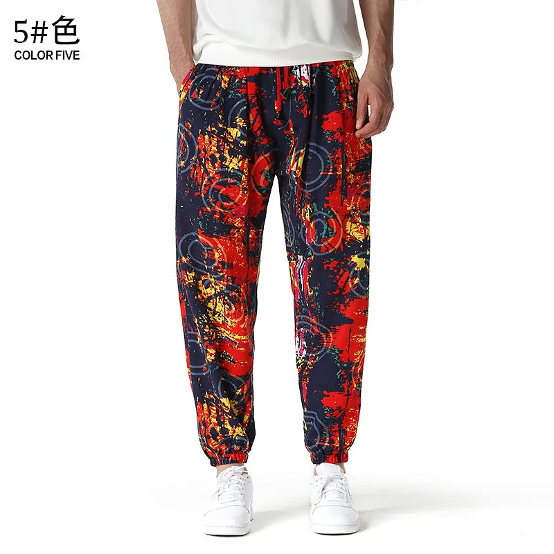

New Fashion Casual Hip-hop Trend Culture Street Cotton Linen Printed Footwear Men's Bloomers black pants men