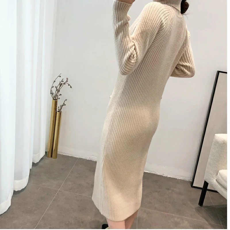 

2021 Autumn Winter Women Sweater Dress Lady Knitted Turtleneck Solid Warm Full Sleeve Vestidos Female Casual Loose Dresses N108