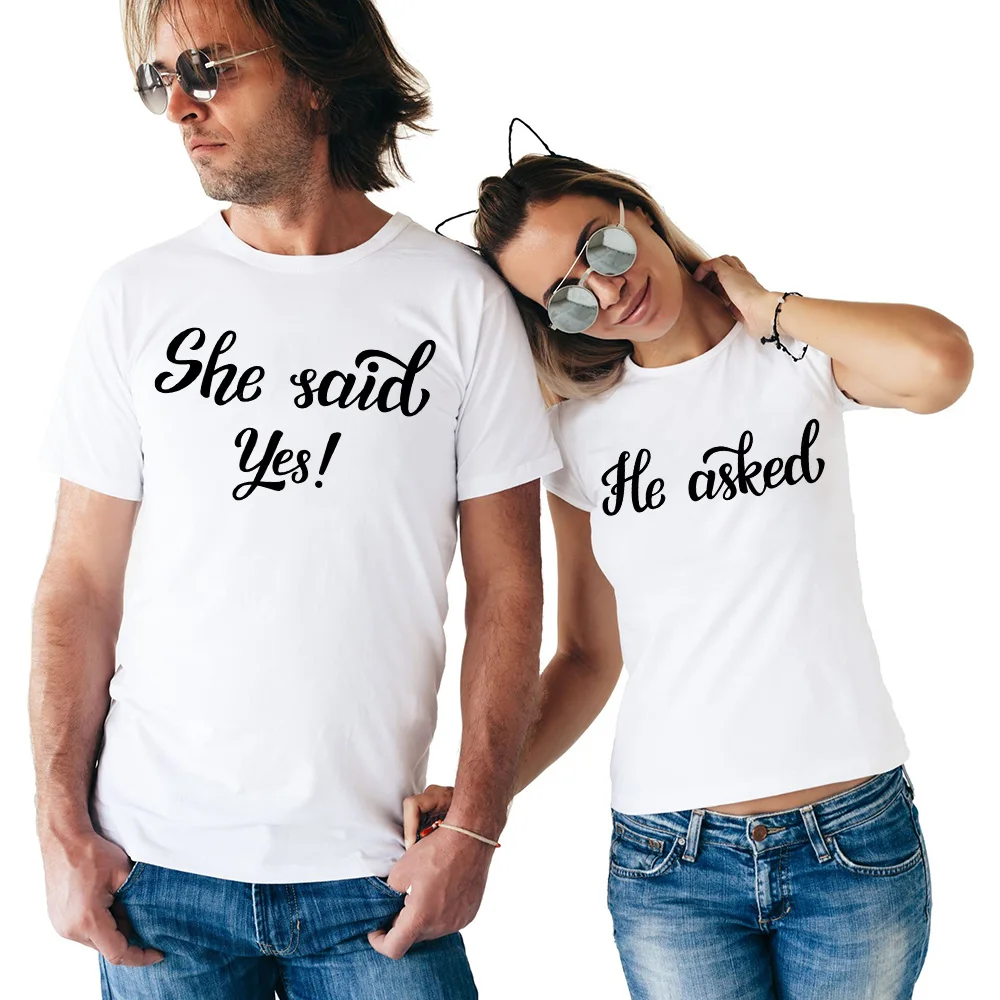 

2021 "HE ASKED SHE SAID YES" Printed Couple T Shirts for Lovers Casual Matching Couple Clothes Summer Valentine's Top Tees