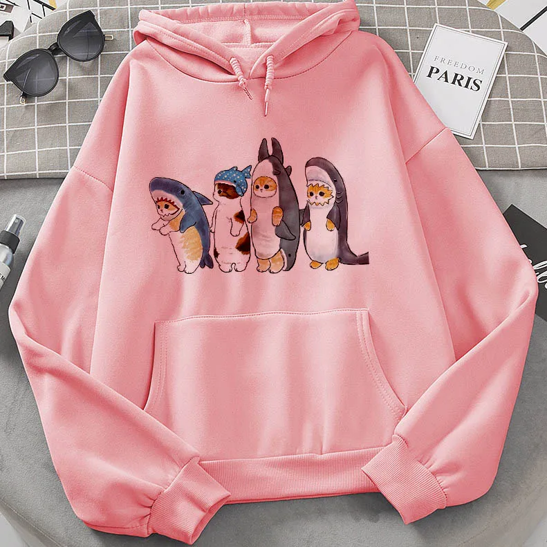 

Winter Kawaii Cat print sports pullover cute plus size pocket hoodie Harajuku style loose hip hop popular personality women Tops