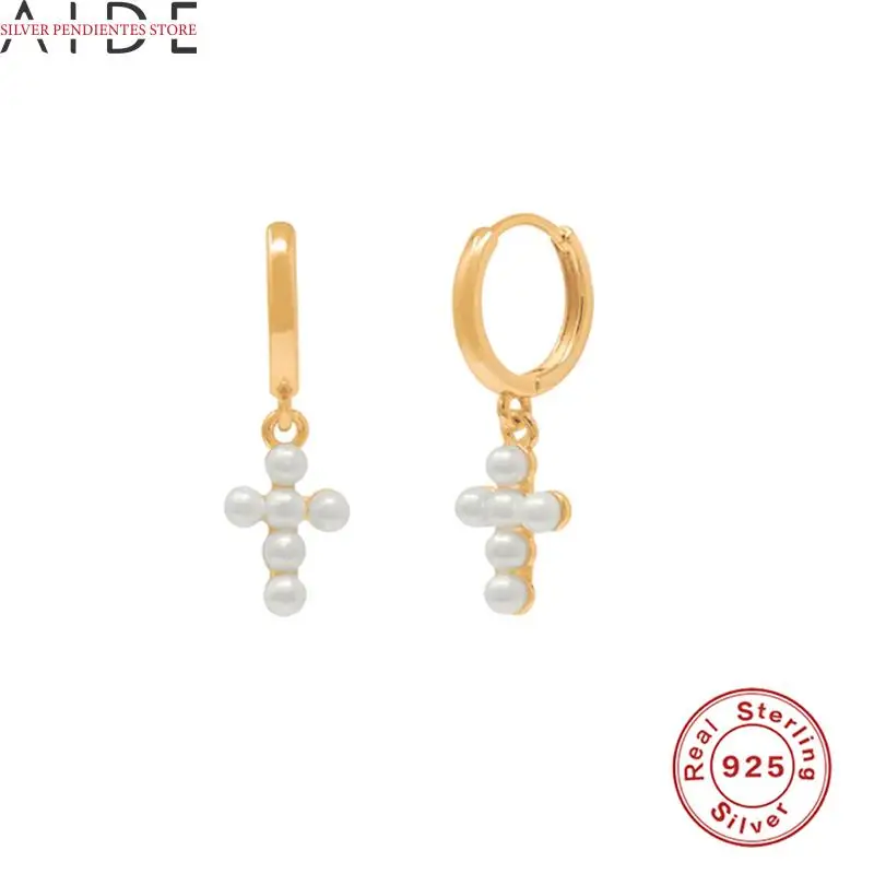 

AIDE 9mm Gold Round Hoops Earrings For Women Fashion 925 Sterling Silver Cross Pendant Pearl Earring Earring Boucle D’oreille