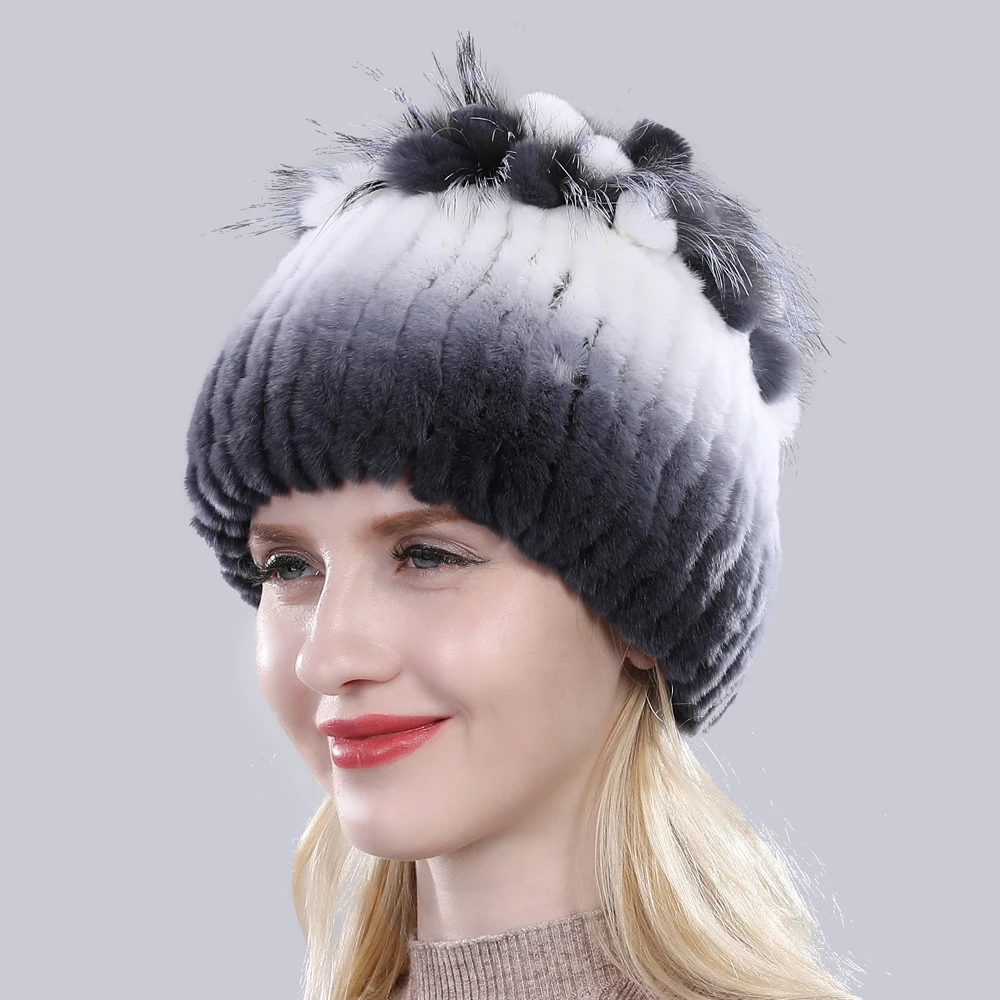 Женская Шапка бини зимняя теплая трикотажная из натурального Лисьего меха в