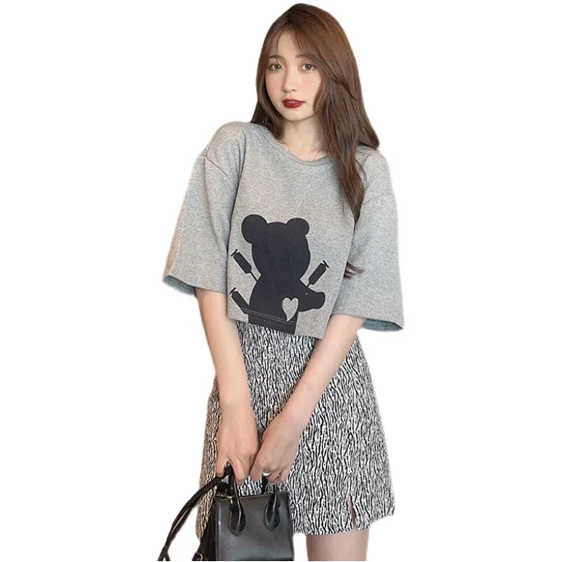 

2021 new slim plus size women's summer leopard print short skirt loose cartoon two-piece short-sleeved top