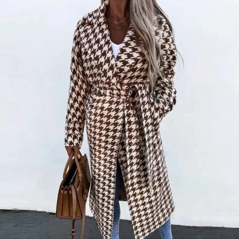 

Retro Long Sleeve Lady Houndstooth Outwear Winter Lapel New Casual Loose Coat Autumn Fashion Belted Overcoat Jacket Streetwear