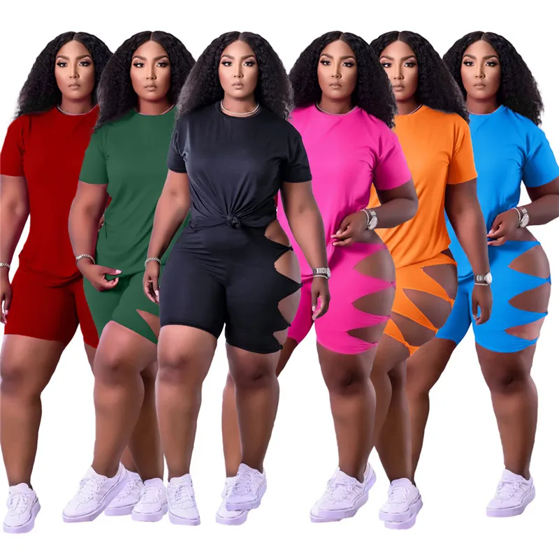 

Shorts Sets Plus Size 2 Piece Suit Women Summer Solid Hollow Out Short Pants Casual Jogging Tracksuit Wholesale Dropshipping