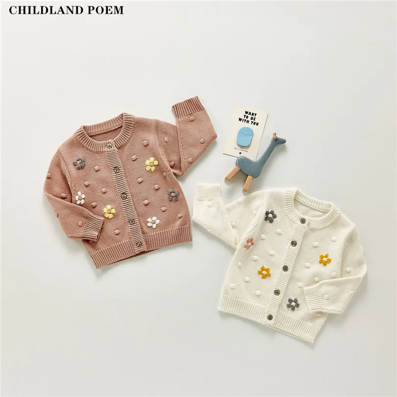 

Baby Girls Cardigan Autumn Newborn Baby Knitwear Knitted Baby Cardigan Sweaters Pompom Flower Toddler Cardigan Coat For Girl