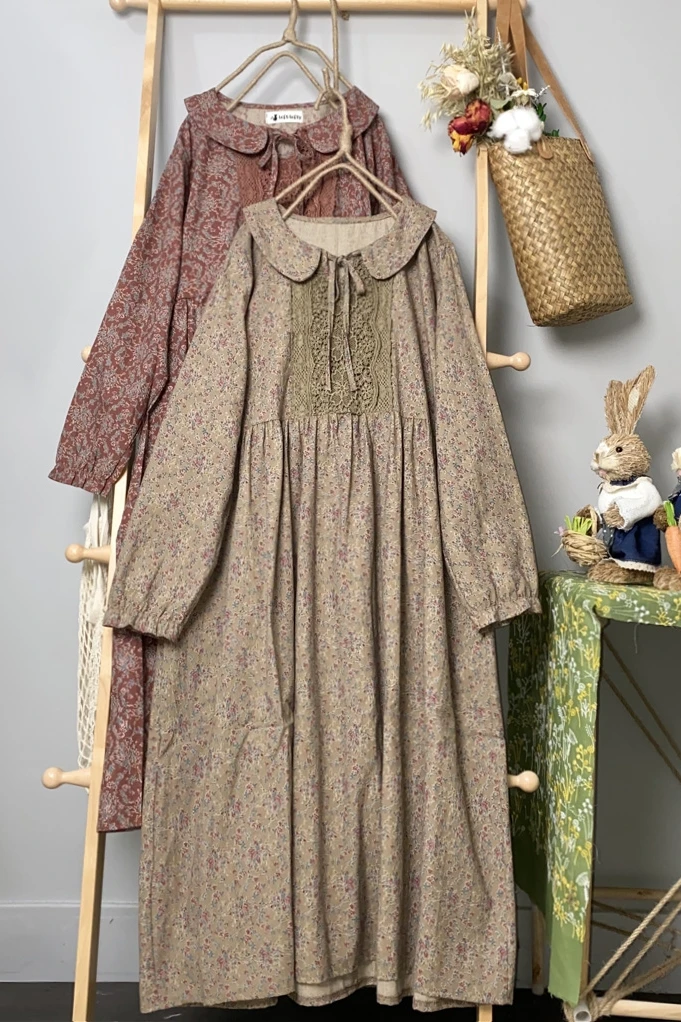 

Japanese Mori Female Floral Lace Cotton Dress 2021 Early Spring New Lace Hollow Stitching Mid-Length Dress