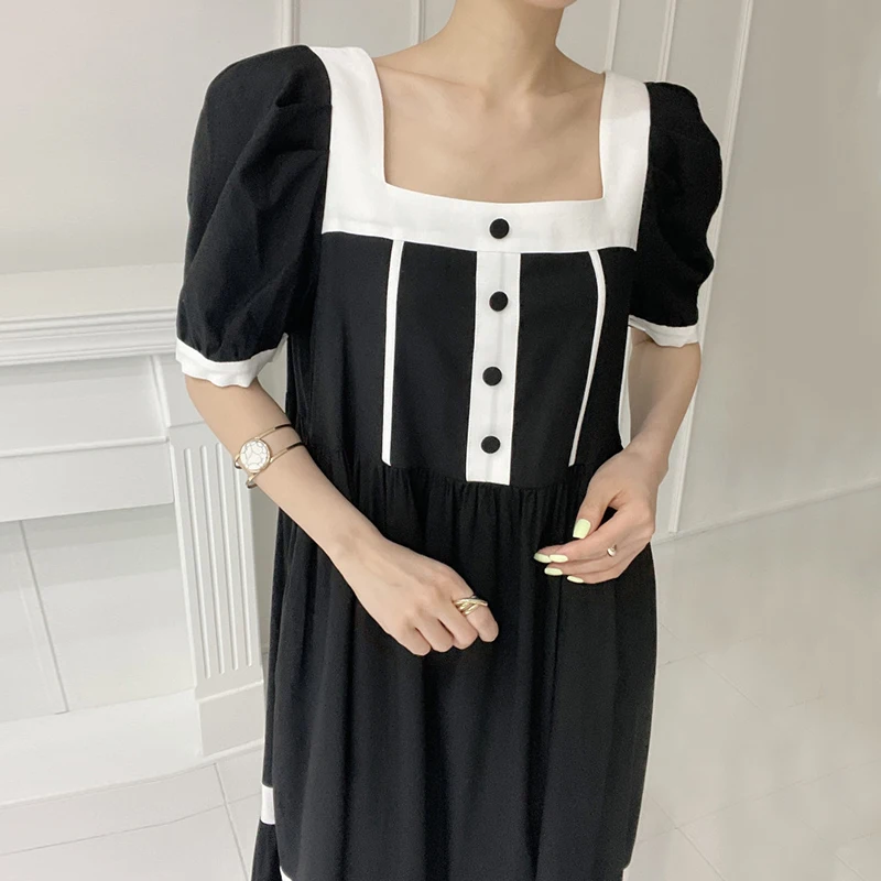 

Korejpaa Women Dress 2021 Korean Fashion Elegant Commute Square Collar Hit Color Stitching Single Breasted Loose Long Vestidos