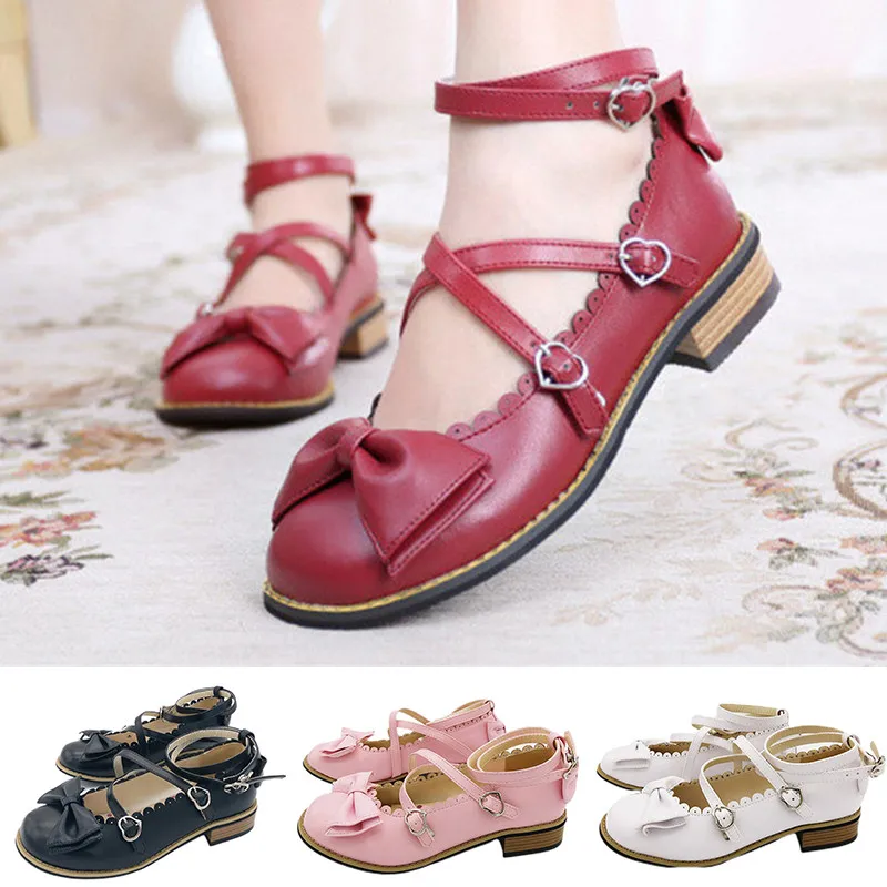 

Fashion Plus Size 42 Women Round Toe Lolita Pumps Ankle Strap Low Heel Leather Cosplay Pumps Sweet Bowtie Princess Party Shoes