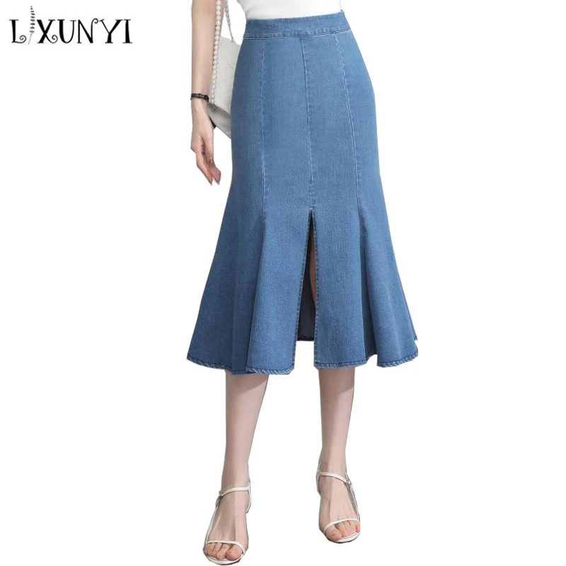 

LXUNYI Long Denim Skirts Womens 2021 Summer New High Waist Sexy Slim A Line Skirt Ruffles Mid Calf Fishtail Skirt Plus Size 4XL