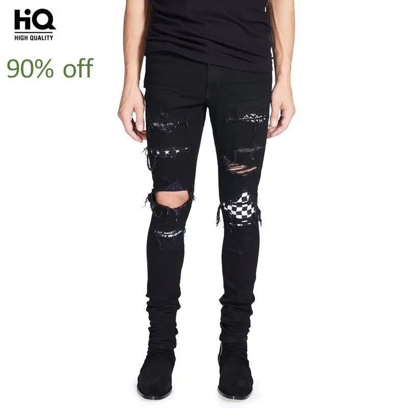 2020 высокая уличная мода мужские джинсы черные большой размер дыра хип-хоп рваные