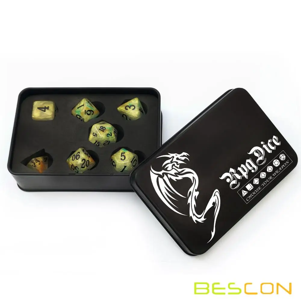 Bescon магические каменные кости набор серии, 7 шт. многогранные РПГ кости набор Фея дух, RoseQuartz, Золотая Руда, глаза Дракона - Цвет: Gold Ore Tinbox