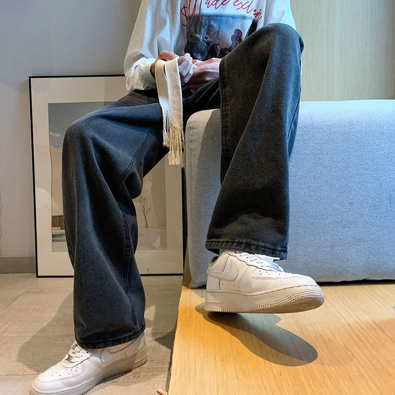 Blue/Black Baggy Jeans Men Fashion Casual Drawstring Wide-leg Jeans Men Streetwear Loose Hip-hop Straight Denim Pants Mens M-2XL