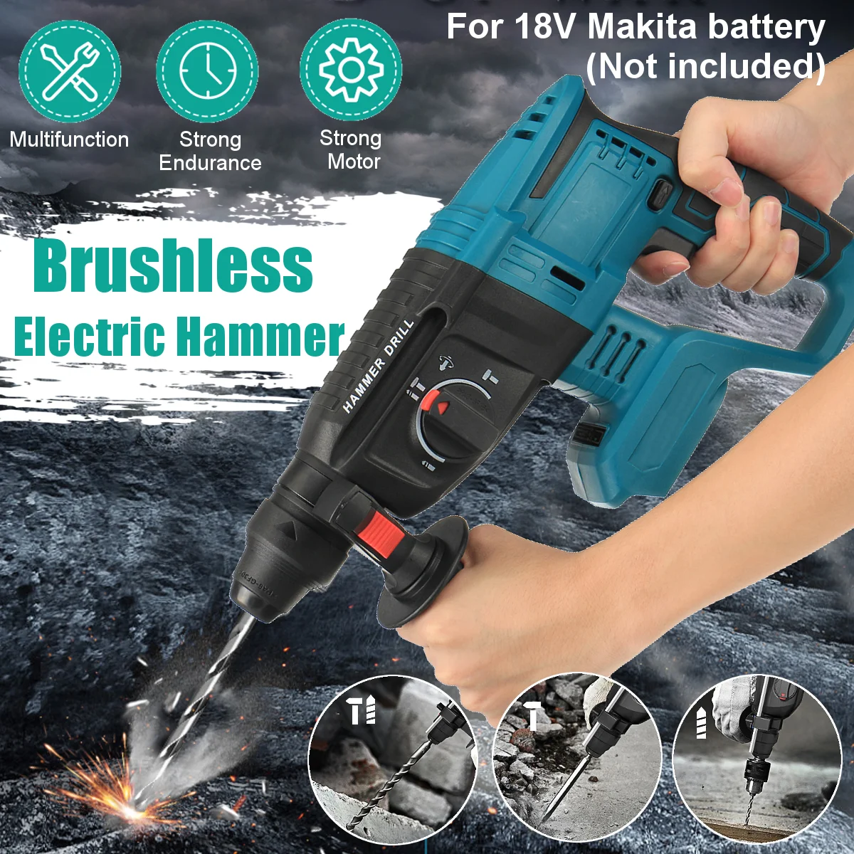 

18V Rechargeable Brushless Cordless Rotary Hammer Drill Electric 4 Function Hammer Impact Drill Without Battery&Case High Power