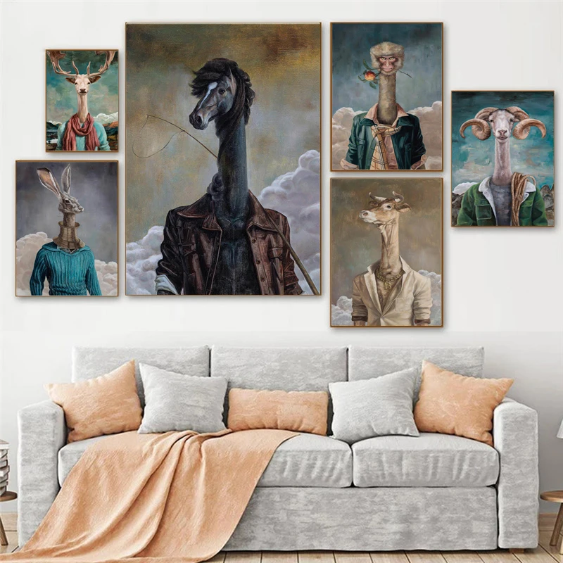 

Funny Abstract Long-necked Animal Artwork Goat Monkey Painting Printing Picture Wall Canvas Poster Home Living Room Decoration