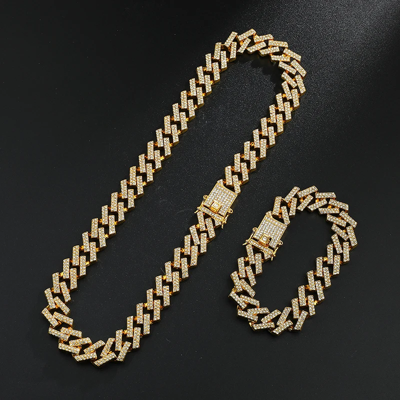 

Watch +Chain+Bracelet Hip Hop Bling Iced Out Crystal 15MM Cuban Paved Rhinestone Miami Zircon Men's Necklaces For Men Jewelry