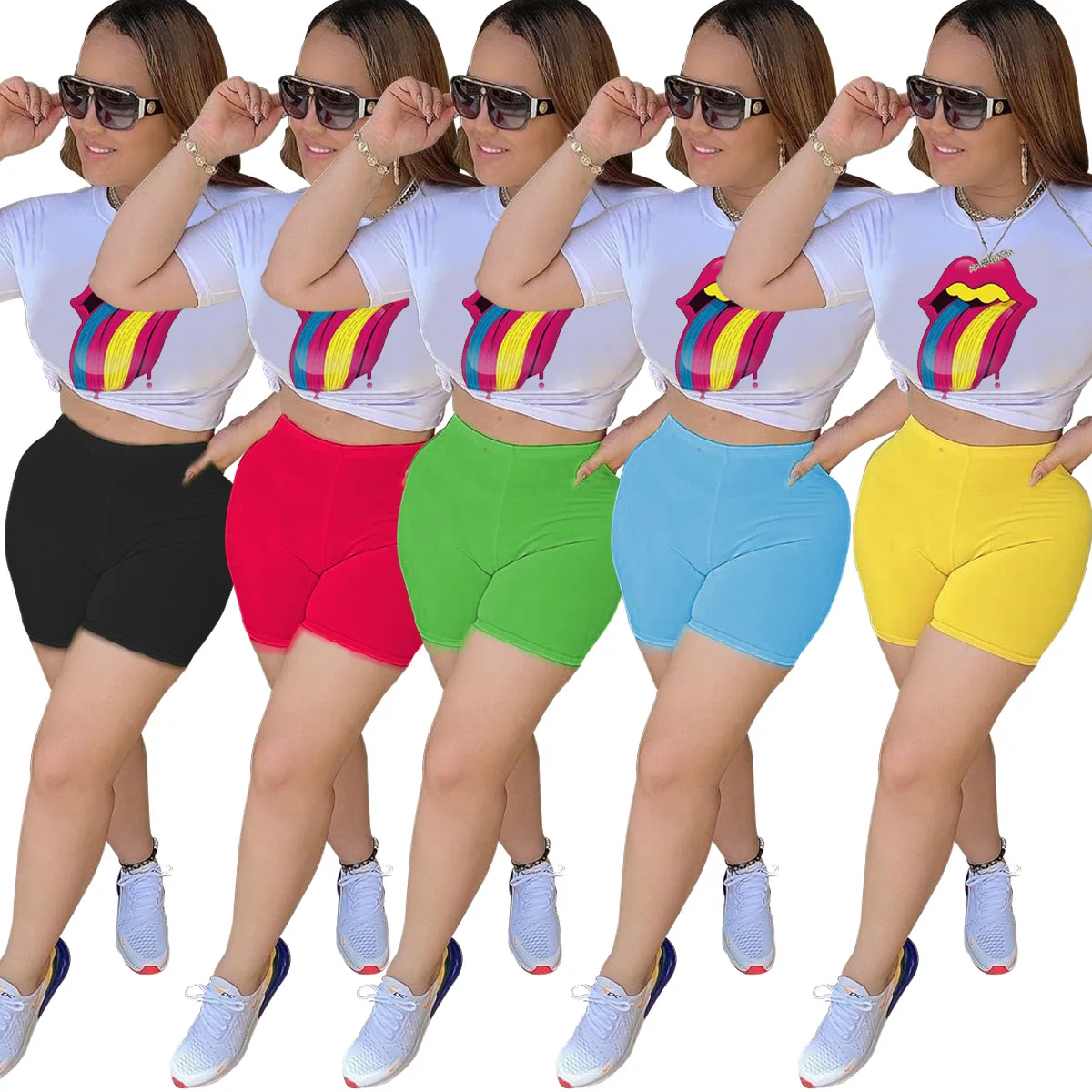 

2020 Summer Women's Suit European and American Simple Style Lip Print Round Neck T-shirt Two-piece Set Casual Fashion Clothes