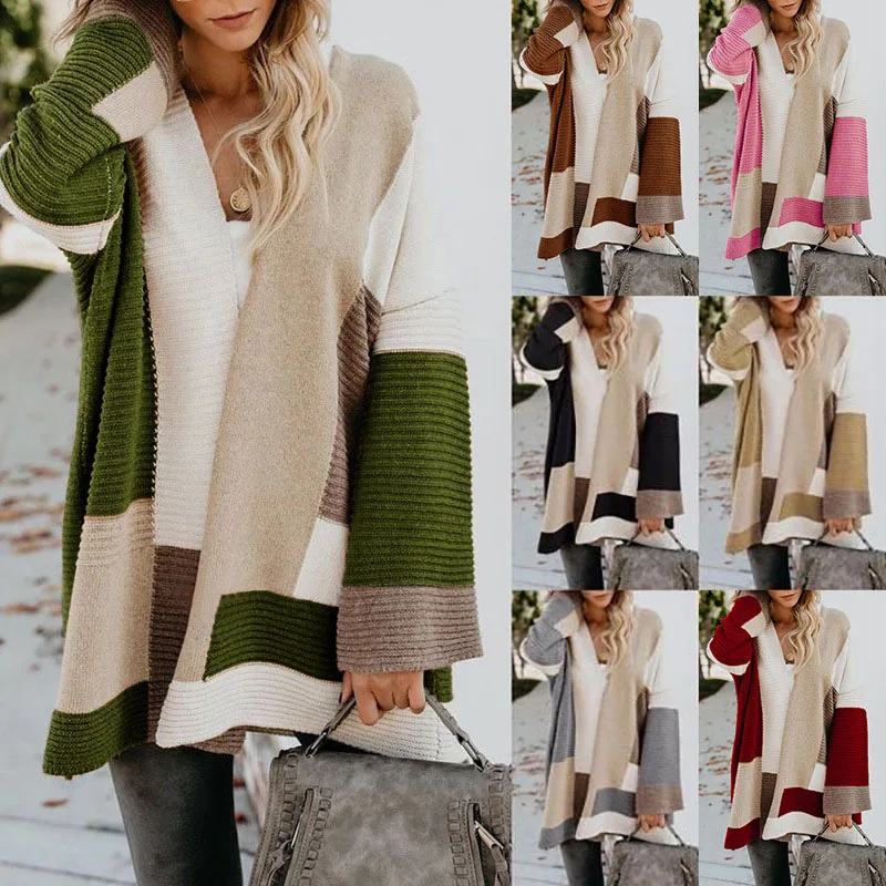 

Fall 2019 Winter Cardigan Women Ribbed Sweater Tops Casual Loose Geometric Patchwork Contrast Color Open Cardigans Coat Fashion