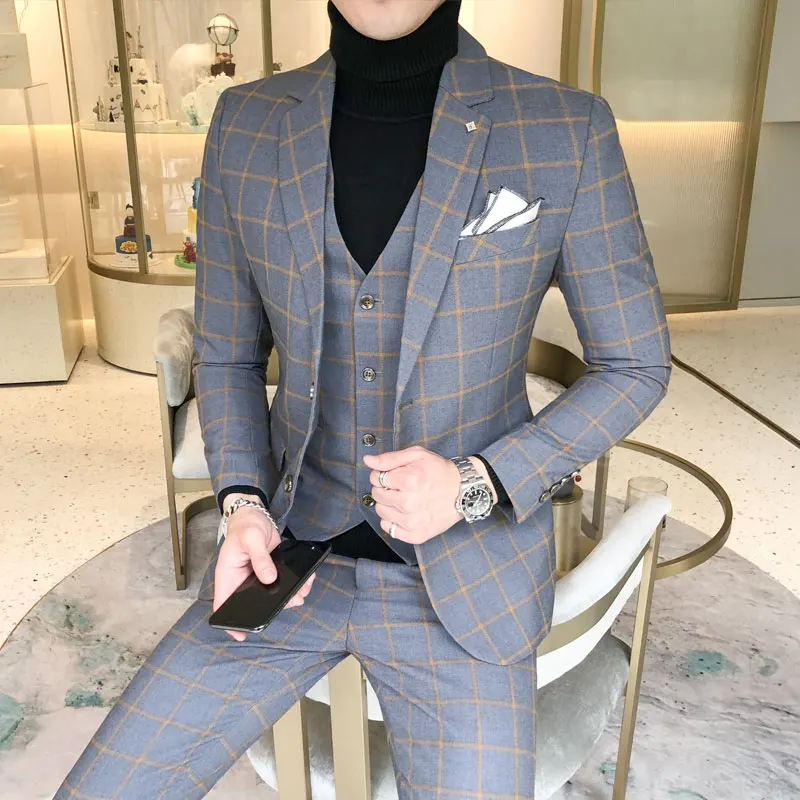 

Men Dress Suits British Mens Wedding Suit Luxury 3 piece suit Men's suit latest Jacket design Blazer Fashion plaid wedding dress