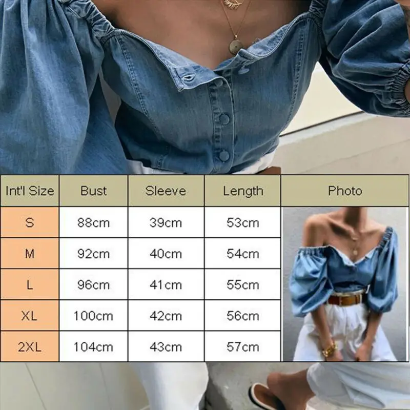 

Hot Women Denim Loose Blouse Vintage Lantern Sleeve Off Shoulder Tee Shirt Ladies Tops Fashion Button Up Clothes Plus Size S-2XL