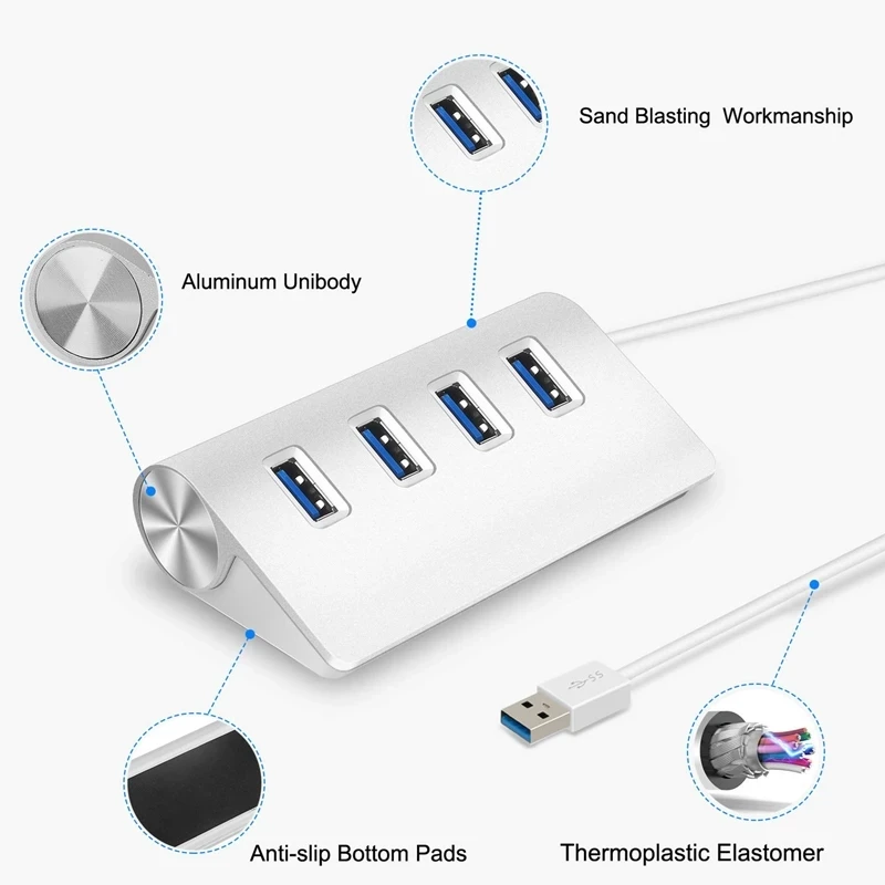 

4 Port Aluminum Multi USB 3.0 USB 2.0 HUB High Speed USB Splitter Card Reader 5Gbps For PC Laptop Mac iMac MacBook Pro EU UK