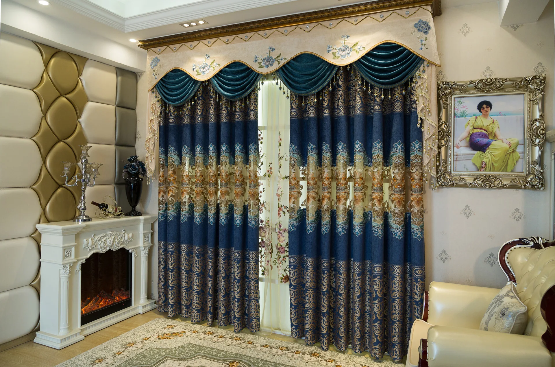 

Dark Blue Chenille Jacquard Embroidery Curtains for Living Dining Room Bedroom.