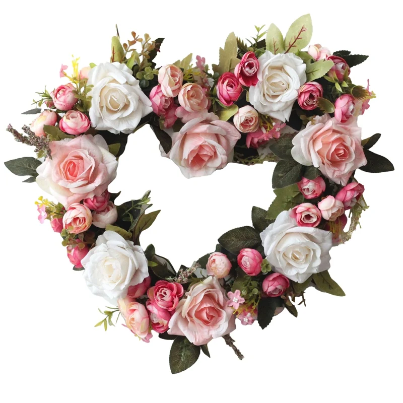 

Vintage Art Simulation Rose Flowers Wreath Heart-Shaped Garland For Home Wedding Decoration