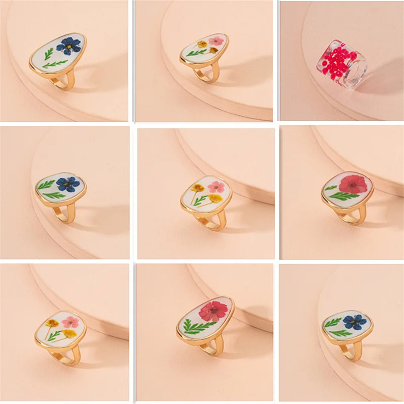 

New Transparent Colorful Beads Irregular Geometry Square Round Ring Elegant Resin Acrylic Dried Flowers Rings For Women Jewelry