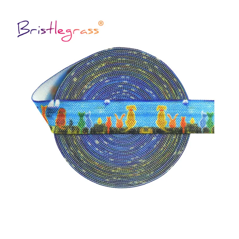 BRISTLEGRASS 2 5 10 Yard 5/8" 15mm Blue Cat Print Fold Over Elastics FOE Spandex Satin Band Tape Hair Tie Tutu Dress Sewing Trim