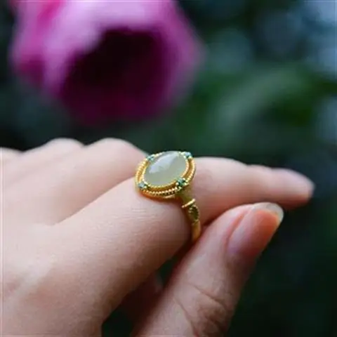 

Retro Ethnic Style Natural Hetian Jade Green Jade Ring S925 Sterling Silver Gold Inlaid Jade Opening Adjustable Ring