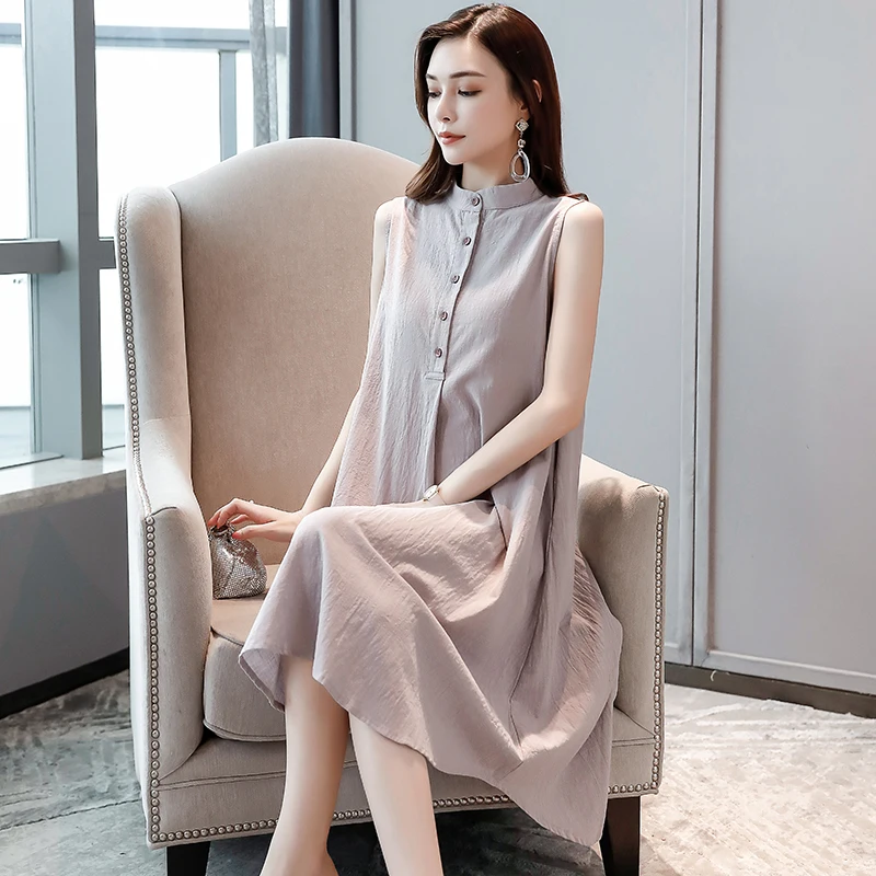 

2020 Women Casual Stand Collar Sleeveless Loose Shirt Dress Spring Summer Vintage Solid Cotton Linen Elegant Basic Vestido 238