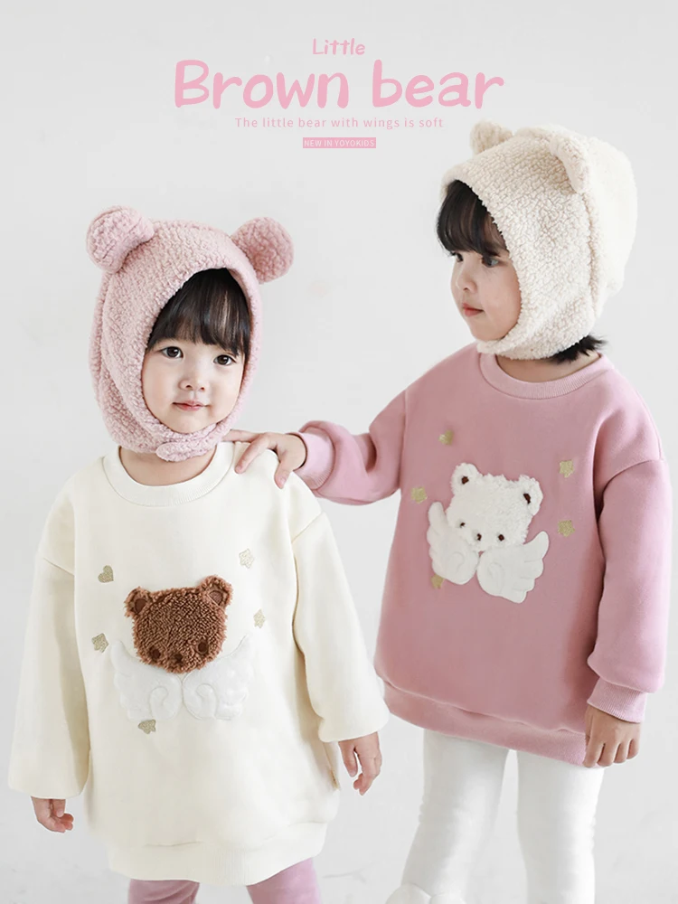 

Children Autumn New Clothes Girls Cute Embroidered Angel Bear Falling Shoulder Brushed Knitted Sweatshirt