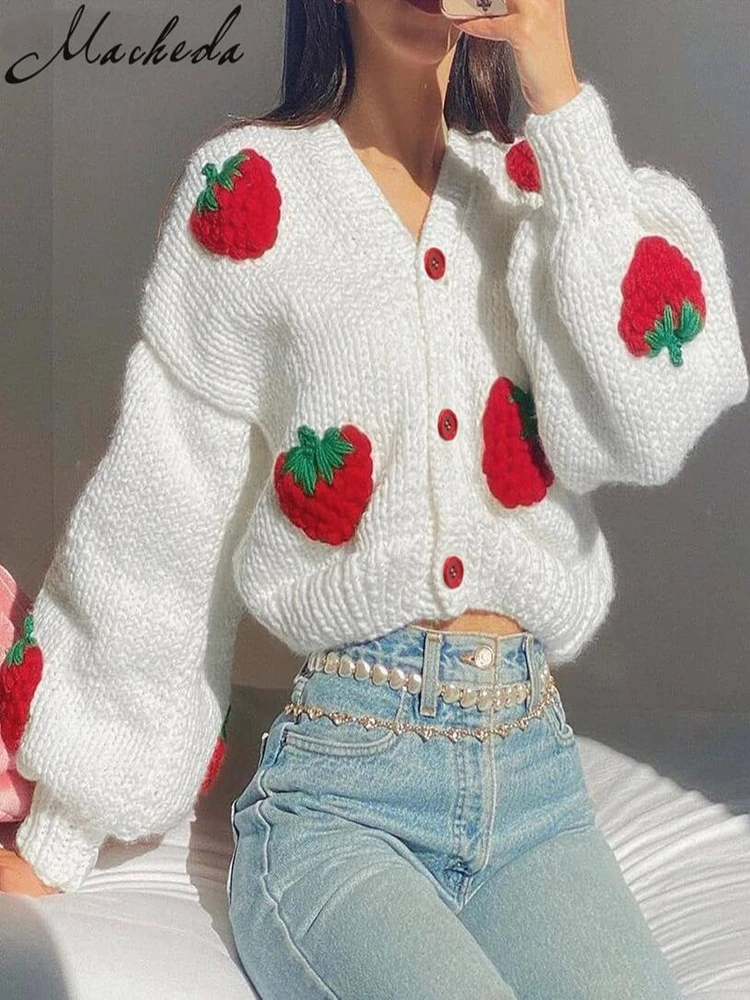 

Macheda Autumn winter fund nifty lovely short coat sweater jacket of strawberry embroidery knitting coat sweet fashion girl wind