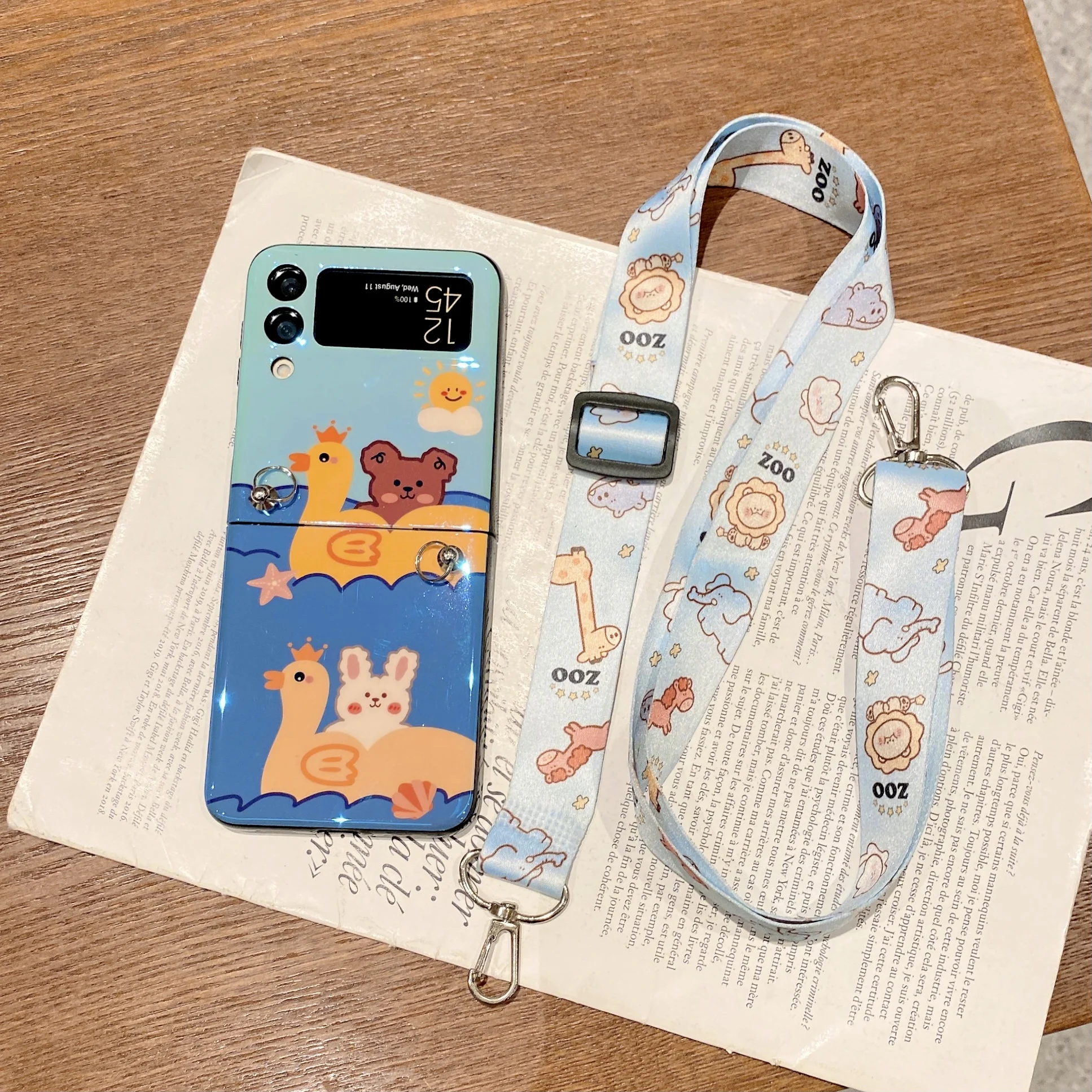 

For Galaxy Z Flip 3 Case Cute Cartoon Bear Cartoon Swimming Duck with Crossbody Shoulder Strap for Samsung Z Flip 3 Girl's Case
