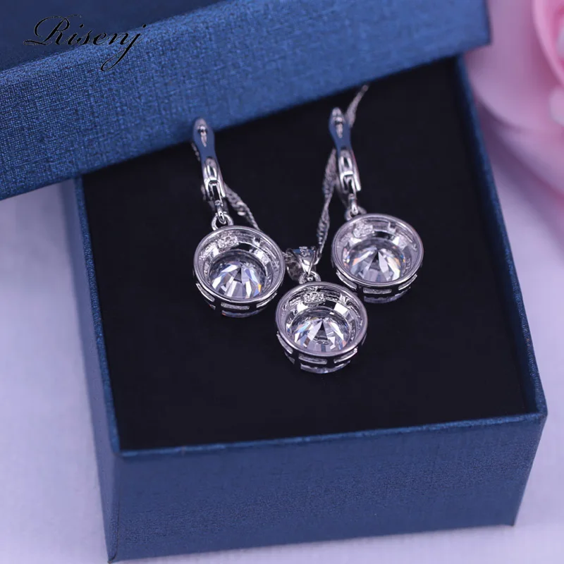 Большой круглый белый сверху кубический циркон серебряный цвет набор украшений