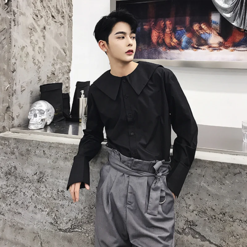 Men's Long-Sleeve Shirt Spring And Autumn New Style Baby Collar Korean Japanese Fashion Pure Color Leisure Large Shirt
