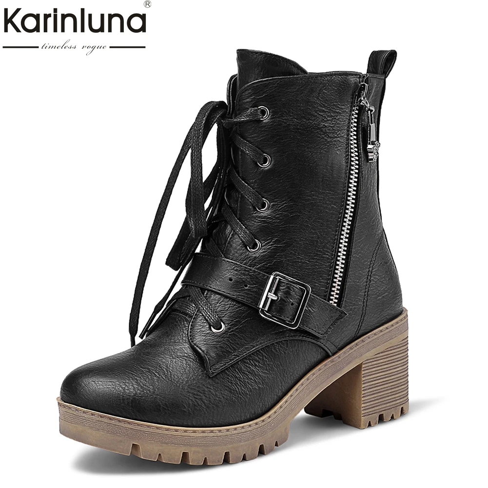 Женские мотоциклетные ботинки на платформе Karinluna Черные ботильоны квадратном