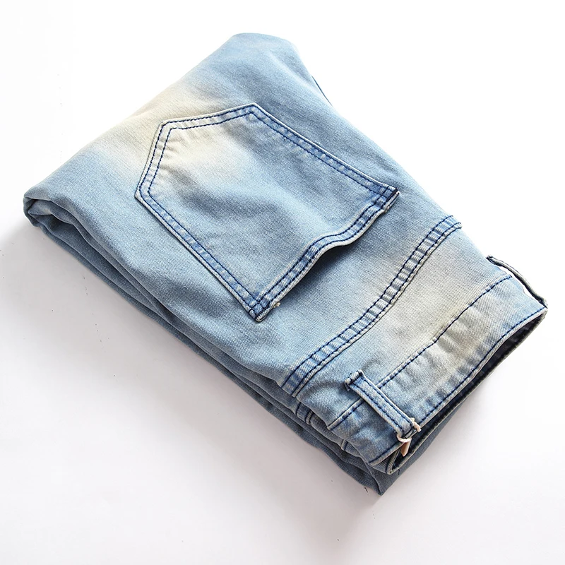 

Foreign Trade Men's Amazon Jeans Zipper Elastic Fashion Light Blue Hole Men's Zipper Straight Jeans Pants